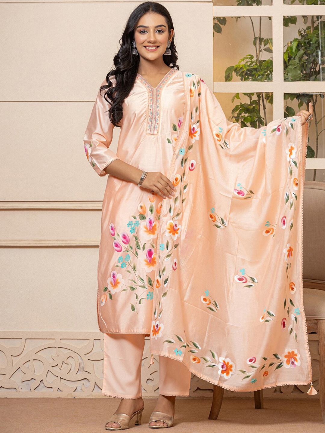 

Indo Era Floral Printed V-Neck Thread Work Straight Kurta with Trousers & Dupatta, Peach