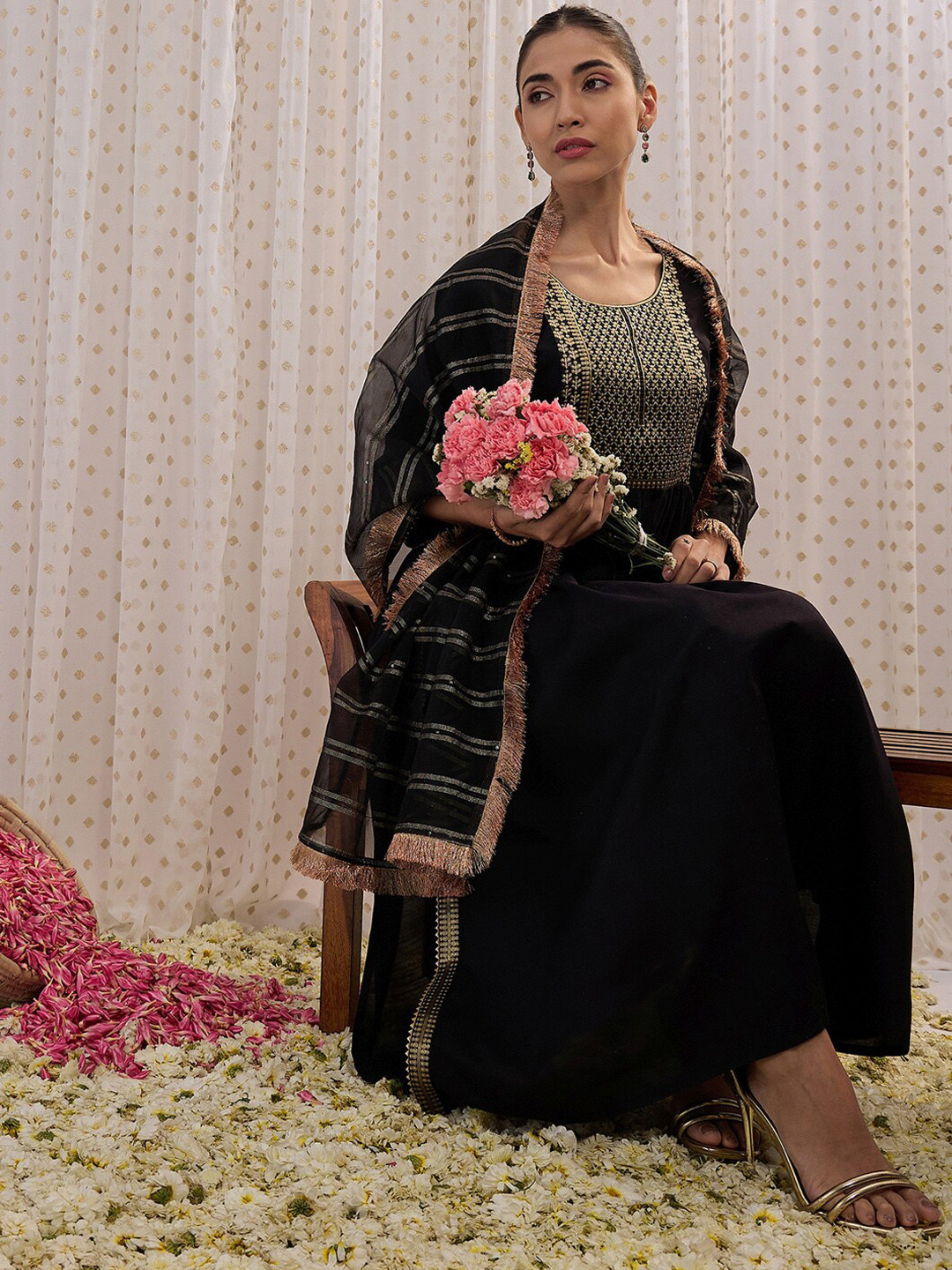 

Indo Era Floral Yoke Design Pleated Round Neck A-Line Kurta with Trousers & Dupatta, Black