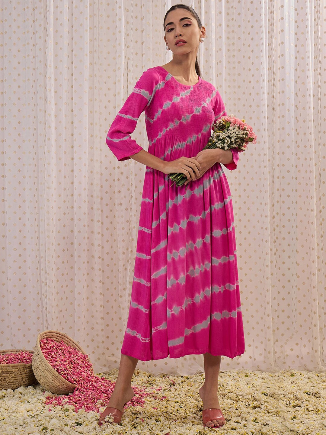 

Indo Era Printed Fit & Flare Midi Dress, Pink