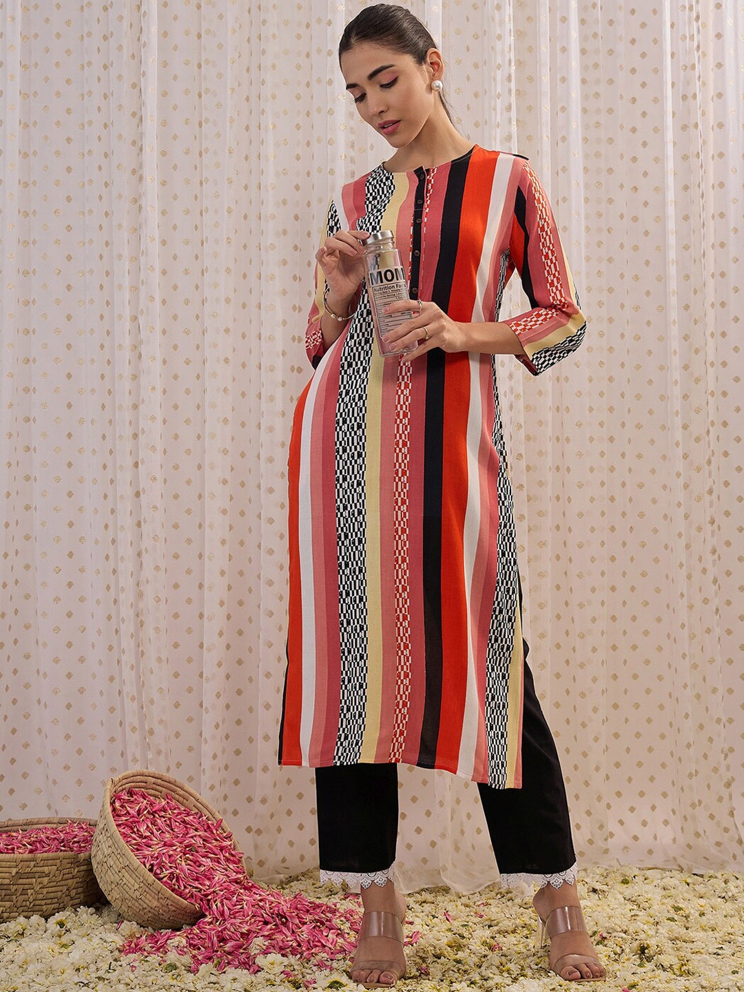 

Indo Era Striped Straight Kurta, Pink