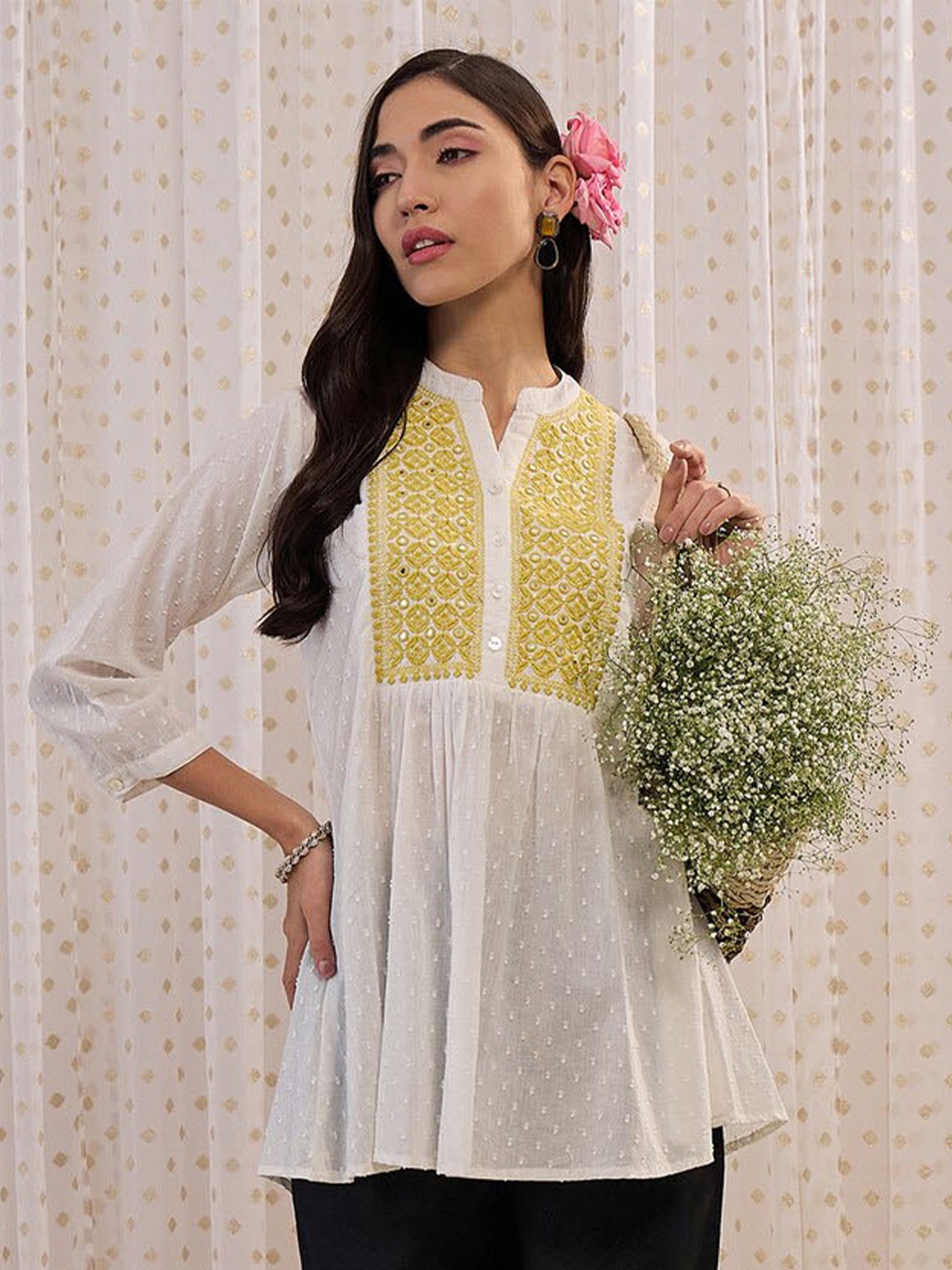 

Indo Era Self Design Mandarin Collar Gathered or Pleated Cotton Top, White