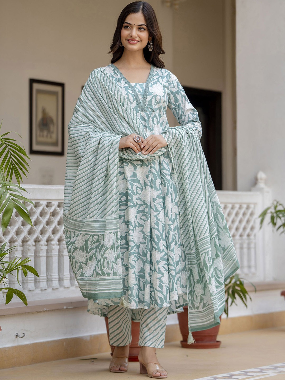 

OMASK Floral Printed Pure Cotton Anarkali Kurta with Trousers & Dupatta, Green