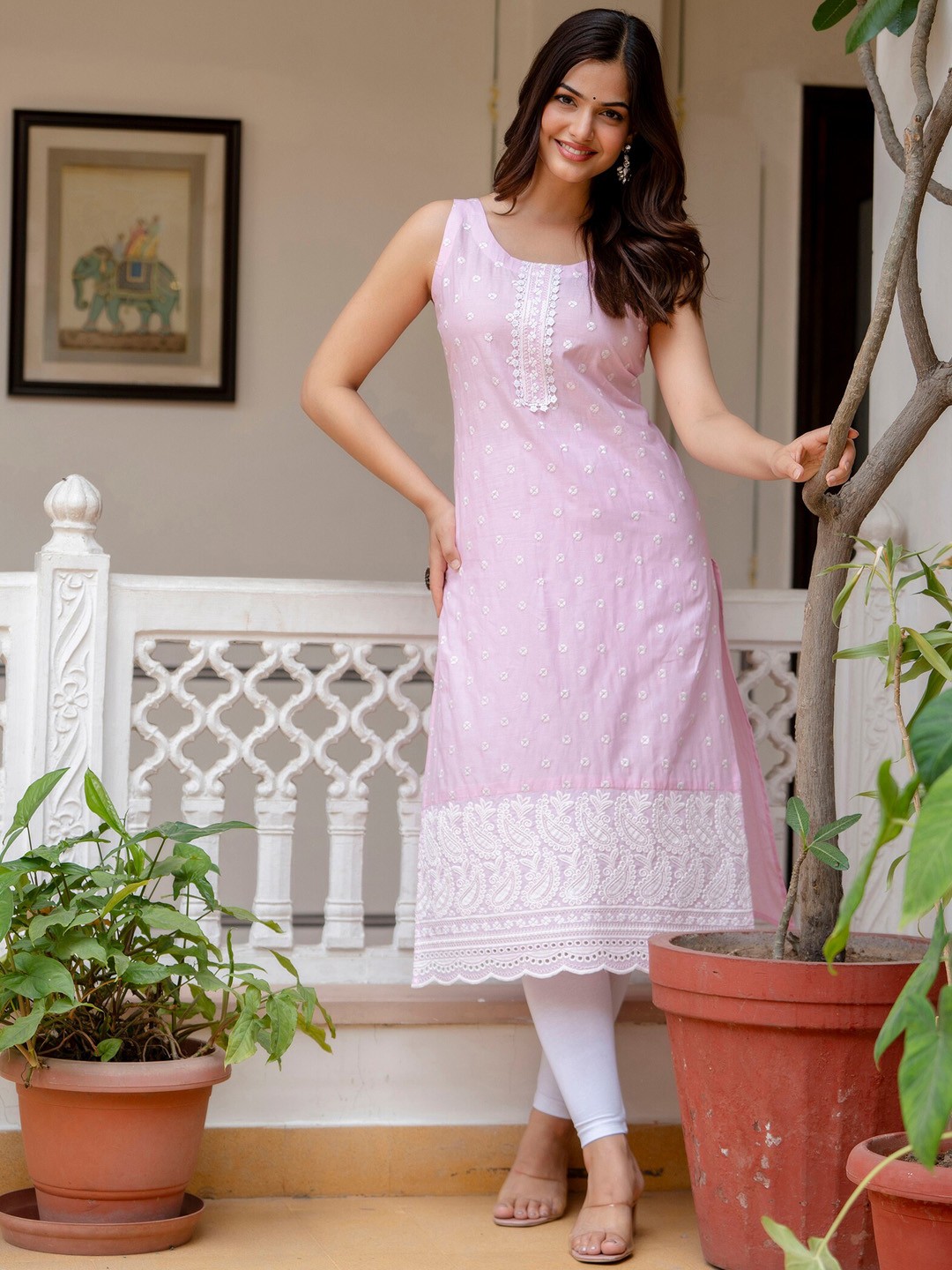 

OMASK Floral Embroidered Thread Work Round Neck Cotton Straight Kurta, Pink