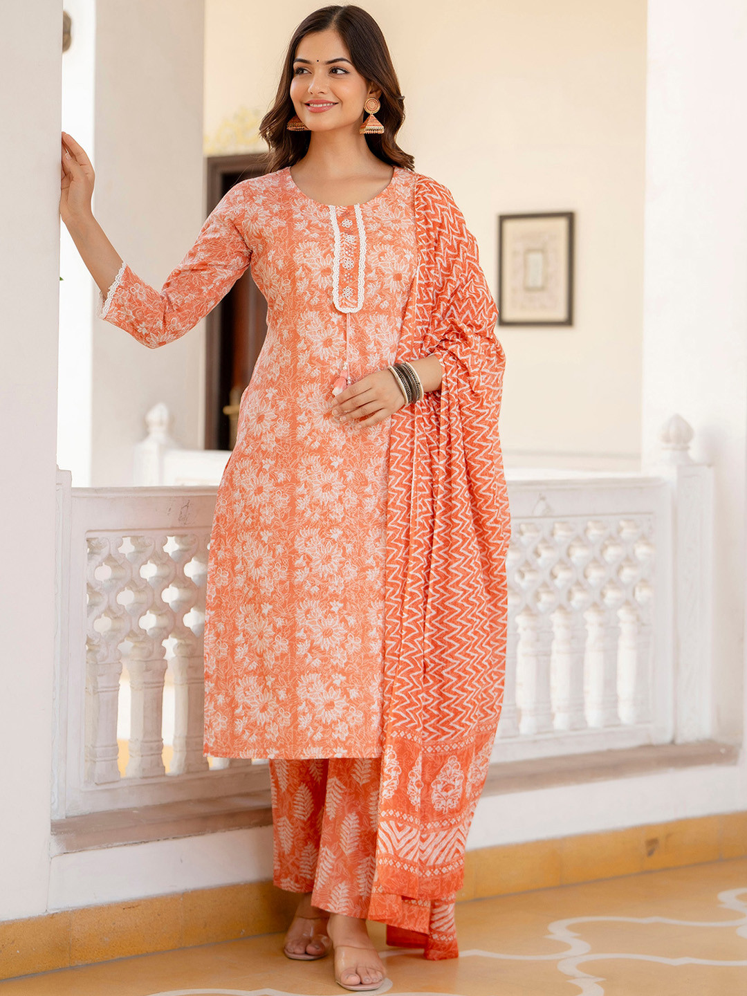 

OMASK Floral Printed Pure Cotton Straight Kurta with Trousers & Dupatta, Orange