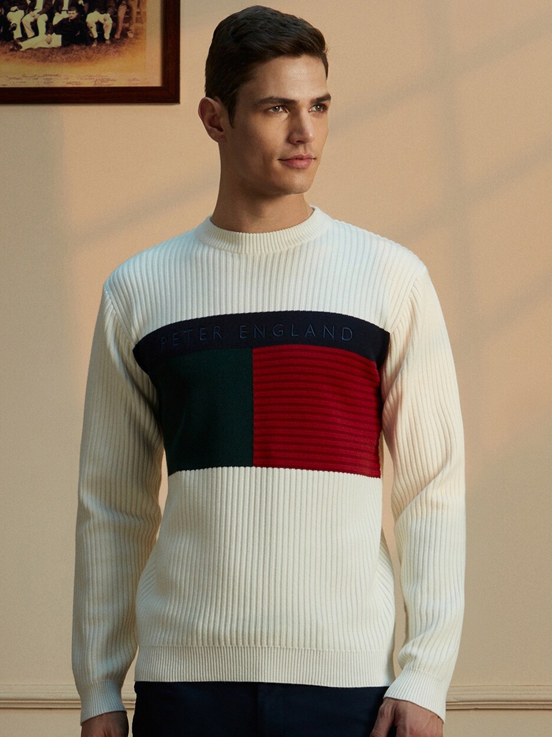 

Peter England Casuals Colourblocked Cotton Pullover, White