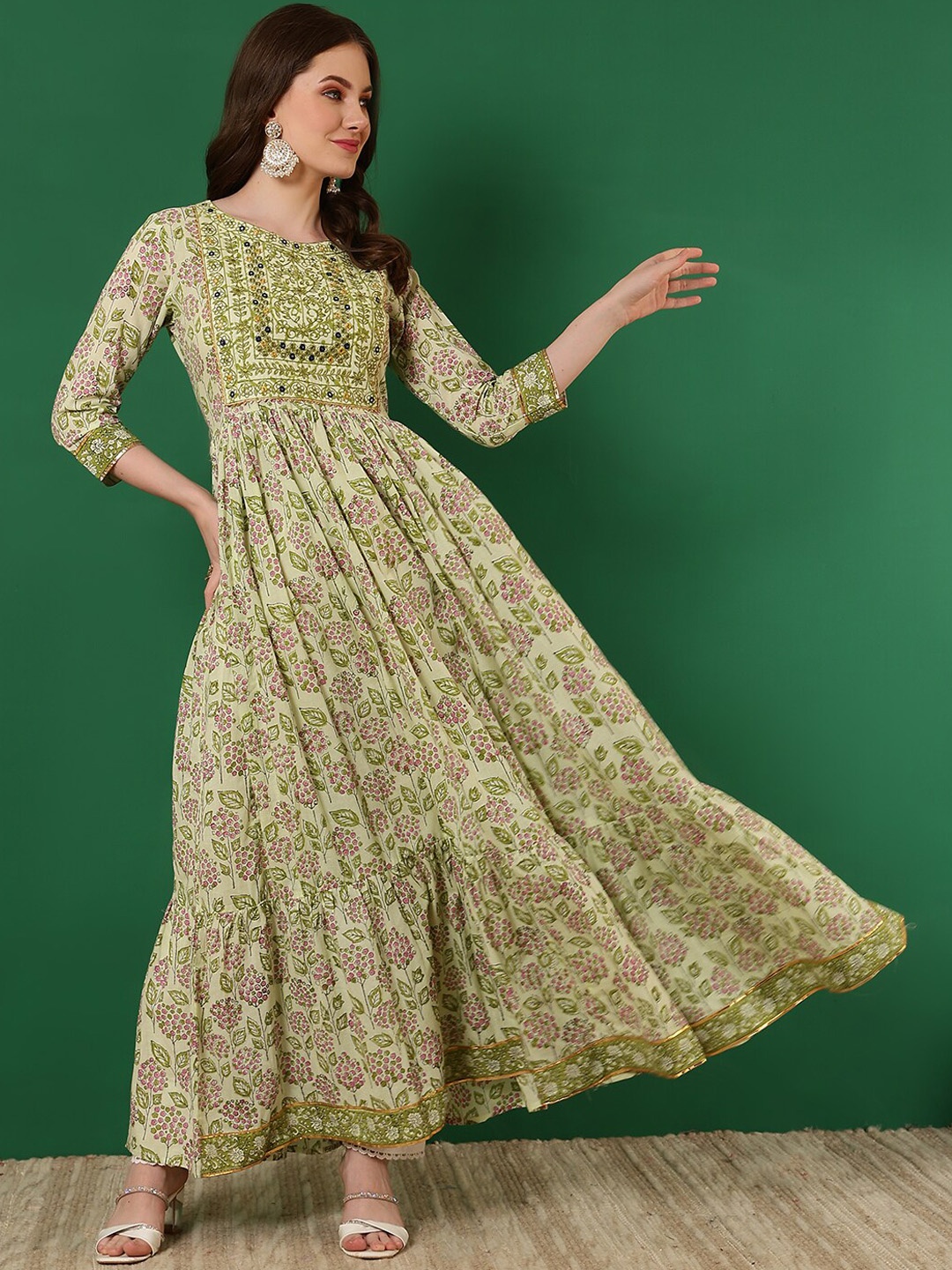 

GLAM ROOTS Floral Printed Mirror Work Pleated Pure Cotton Anarkali Kurta, Green