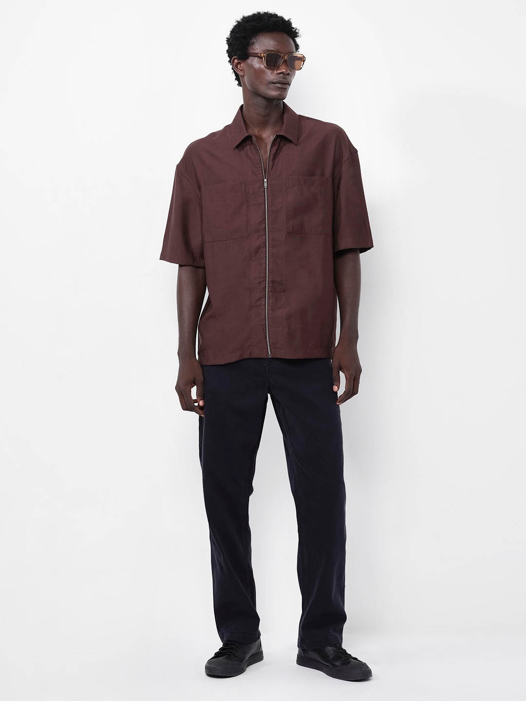 

RARE RABBIT Men Kai Spread Collar Opaque Boxy Shirt, Brown
