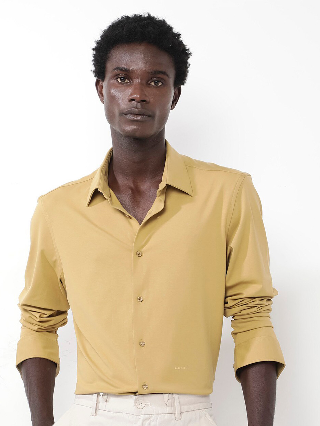 

RARE RABBIT Men Flyknit Power Stretch Knitted Shirt, Mustard
