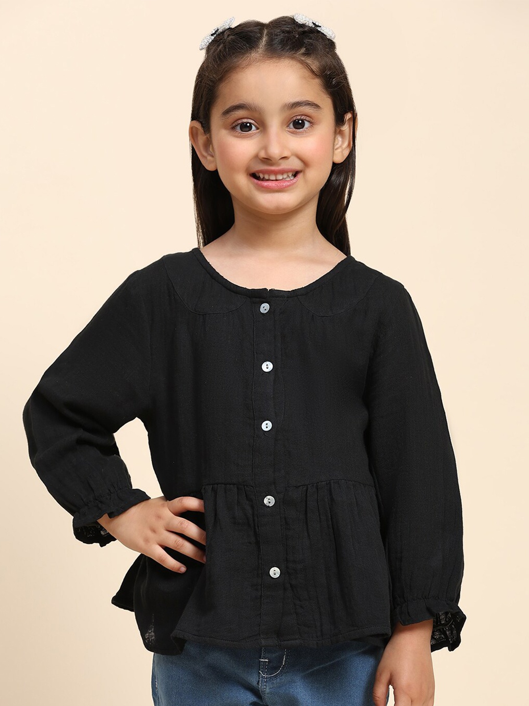 

Maaesa Girls Modern Collarless Curved Cotton Casual Shirt, Black