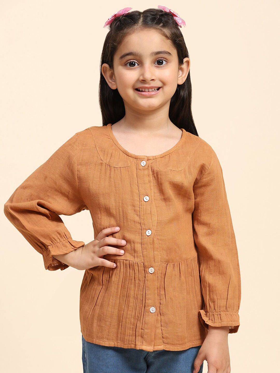 

Maaesa Girls Modern Collarless Curved Cotton Casual Shirt, Brown