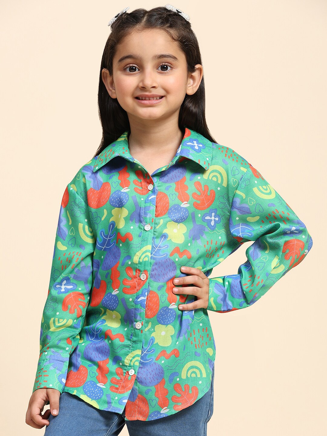 

Maaesa Girls Modern Floral Printed Collar Shirt, Green