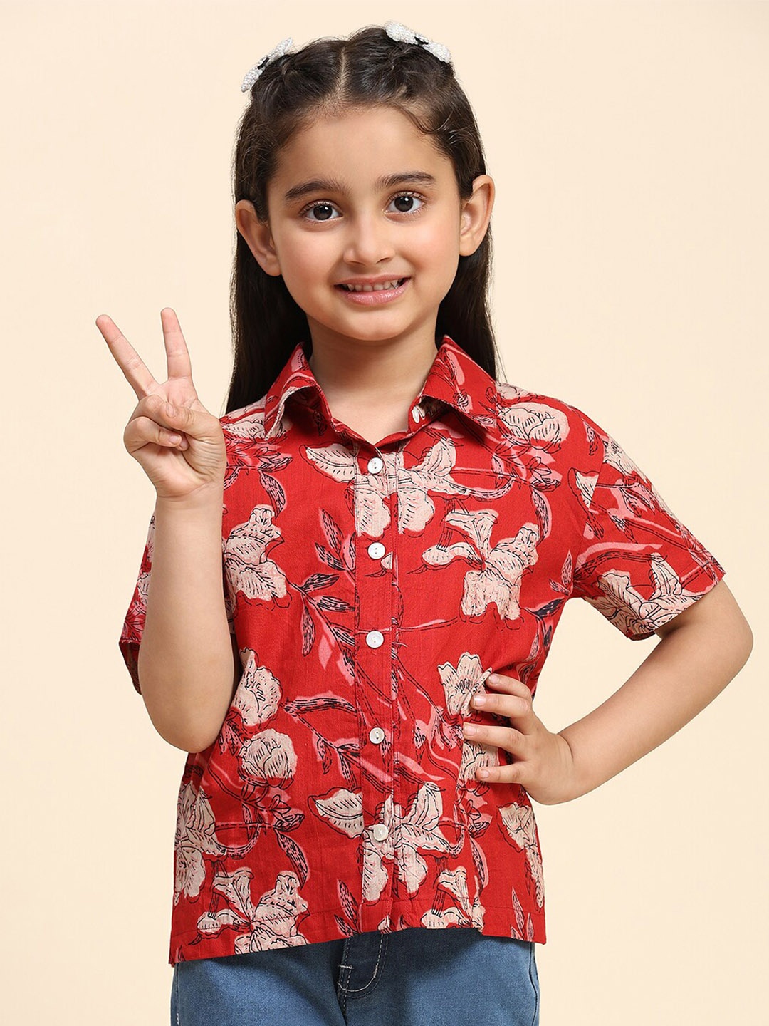 

Maaesa Girls Modern Floral Printed Half Sleeves Collar Shirt, Red