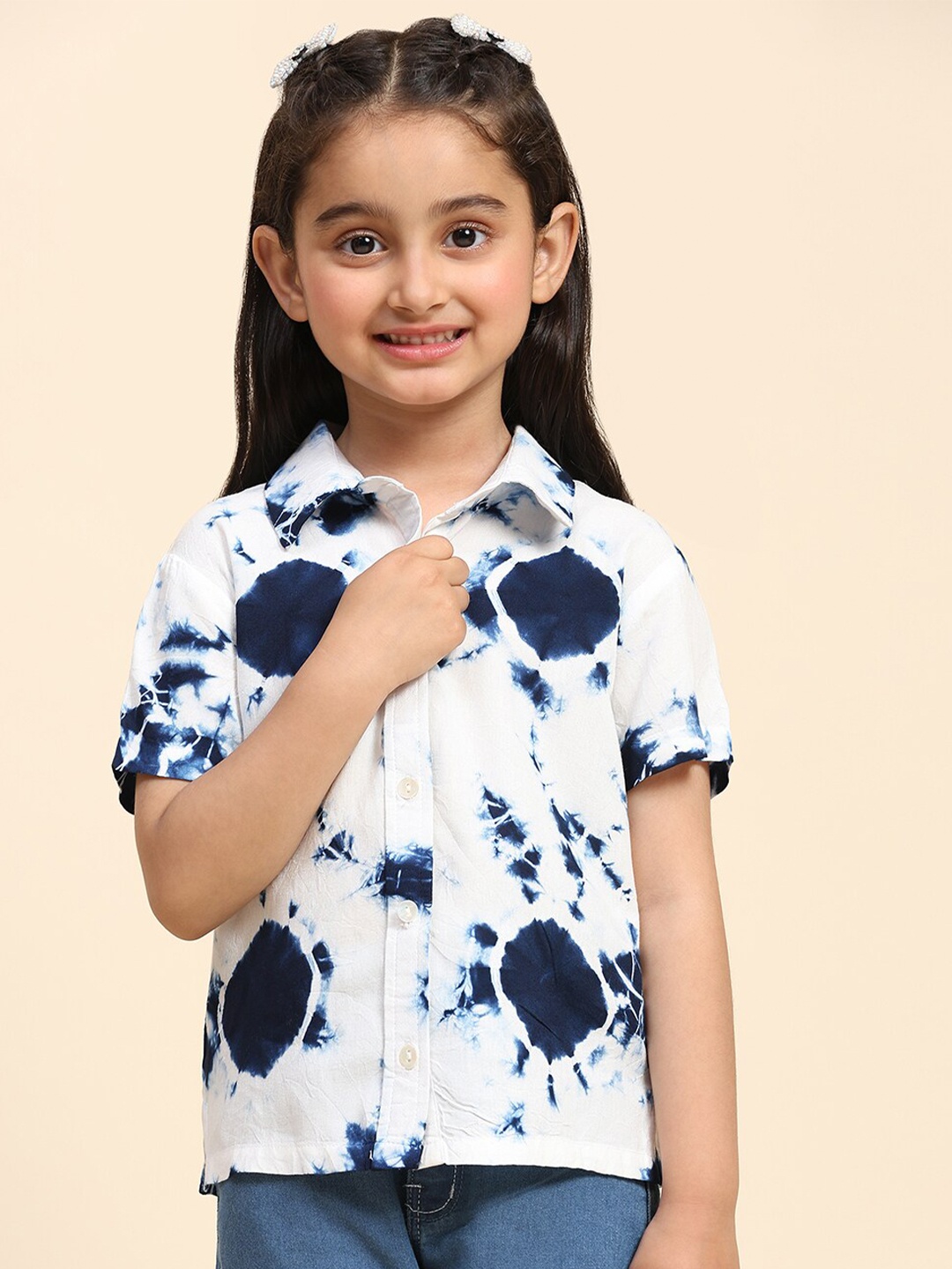 

Maaesa Girls Modern Tie Dyed Half Sleeves Collar Shirt, Blue