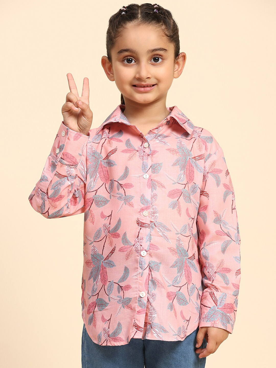 

Maaesa Girls Modern Fit Floral Printed Spread Collar Long Sleeves Casual Shirt, Pink