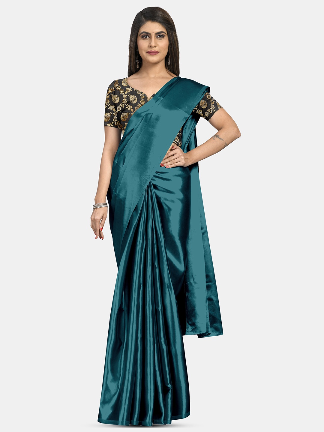 

Aardiva Satin Solid Festive Saree, Teal