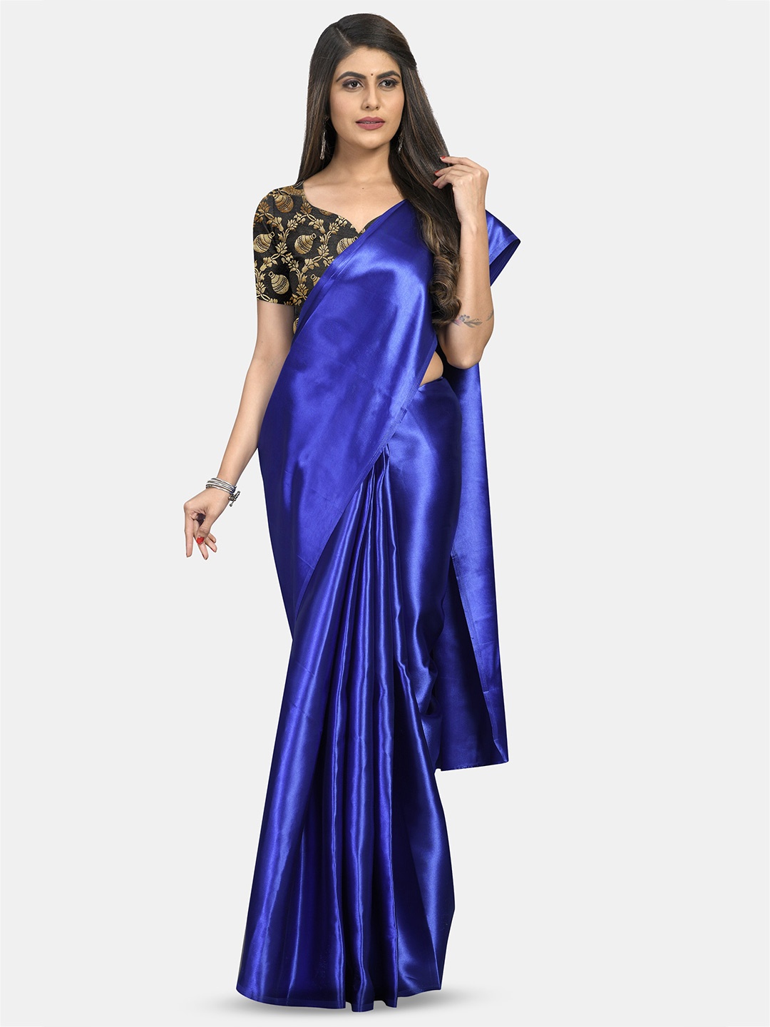 

Aardiva Solid Satin Saree, Blue