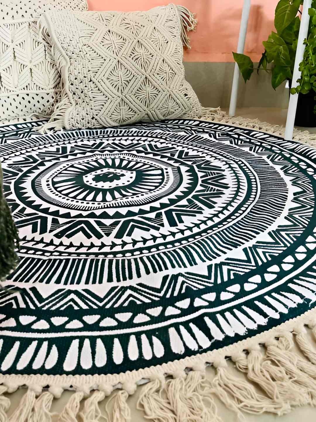 

MASU LIVING White & Green Ethnic Motifs Pure Cotton Round Meditation Mat