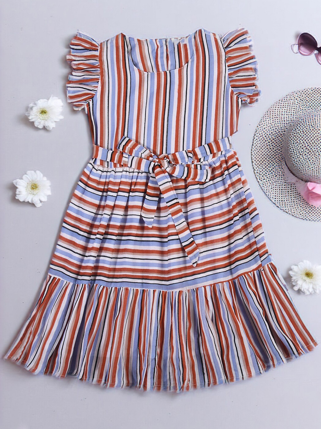 

BAESD Girls Striped Flutter Sleeve Cotton Peplum Dress, Multi