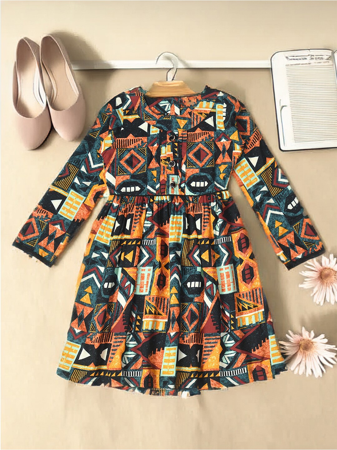 

BAESD Girls Geometric Print Round Neck Long Sleeves Fit & Flare Dress, Brown