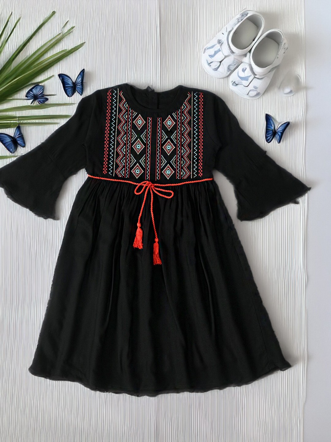 

BAESD Girls Geometric Embroidered Round Neck Flared Sleeve Fit & Flare Dress, Black