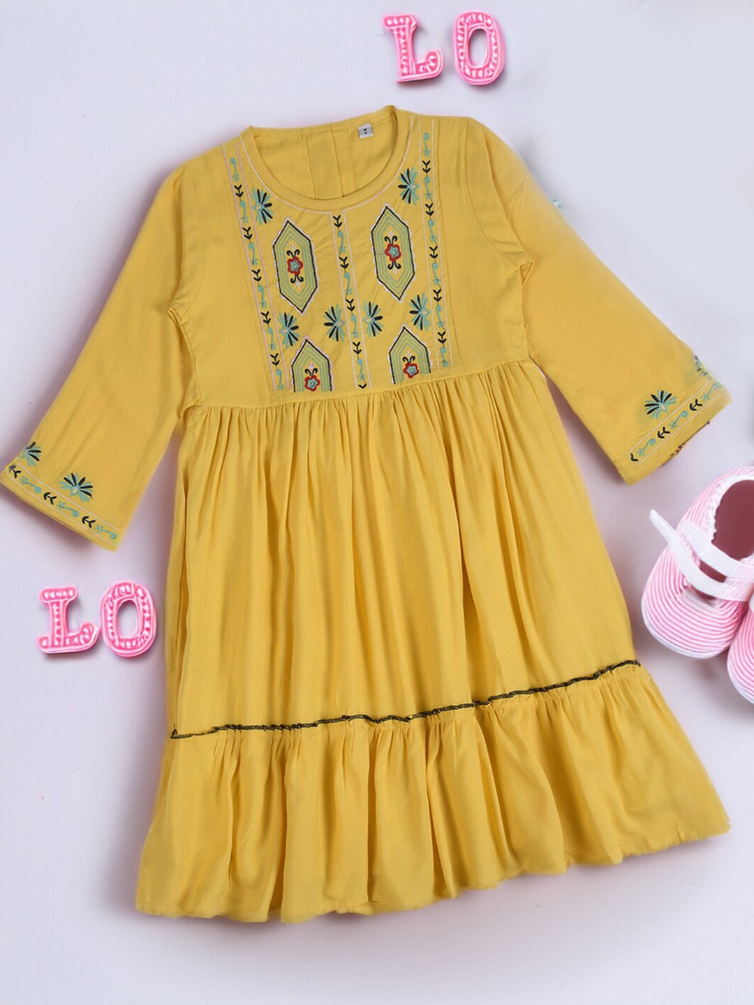 

BAESD Girls Floral Embroidered Pure Cotton Fit & Flare Dress, Yellow