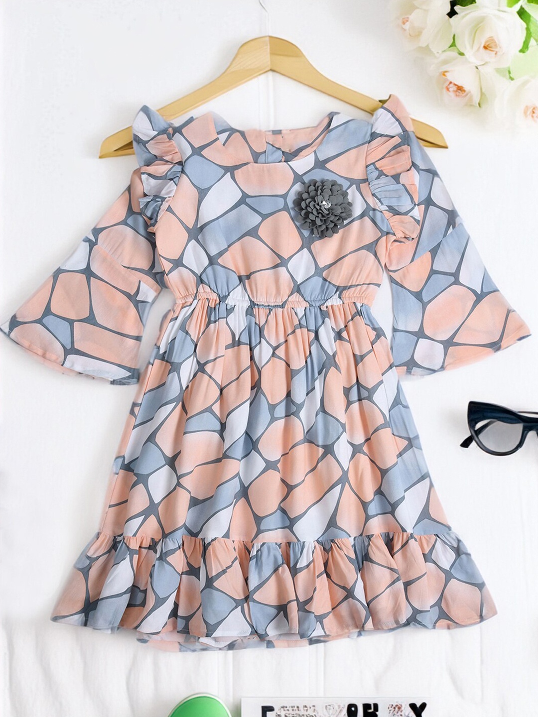 

BAESD Girls Geometric Printed Pure Cotton A-Line Dress, Grey