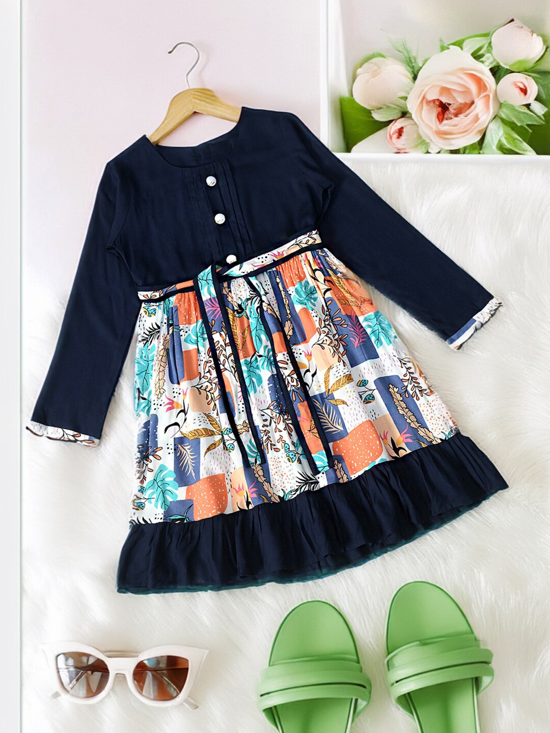 

BAESD Floral Print Cotton A-Line Dress, Navy blue