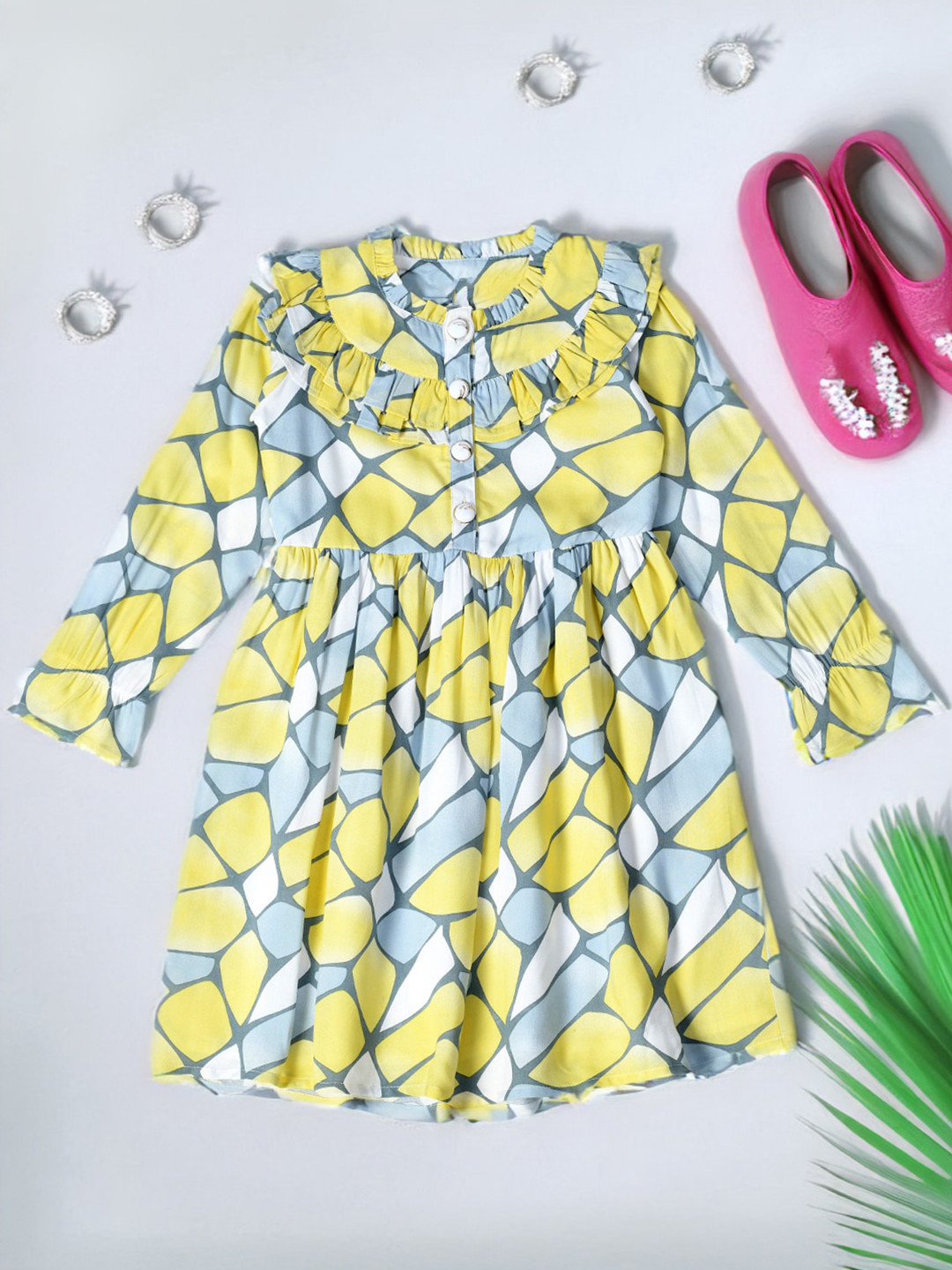 

BAESD Girls Geometric Print Round Neck Long Sleeves Fit & Flare Dress, Yellow