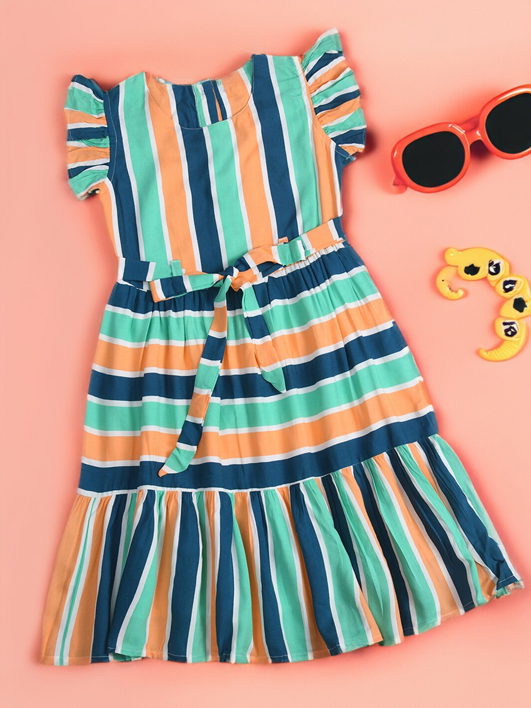 

BAESD Girls Striped Flutter Sleeves Cotton Peplum Dress, Green