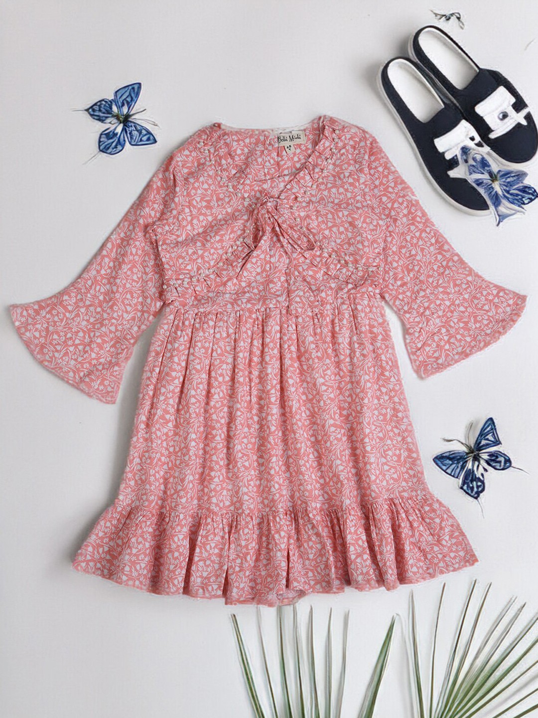 

BAESD Girls Floral Print V-Neck Long Bell Sleeve Fit & Flare Cotton Dress, Peach