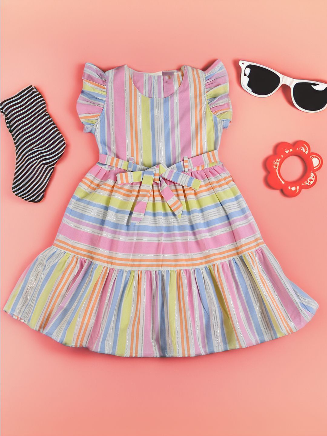 

BAESD Girls Striped Round Neck Flutter Sleeves Fit & Flare Dress, Pink