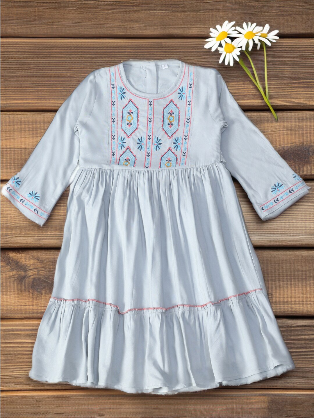 

BAESD Girls Round Neck Long Sleeves Fit and Flare Dress, White