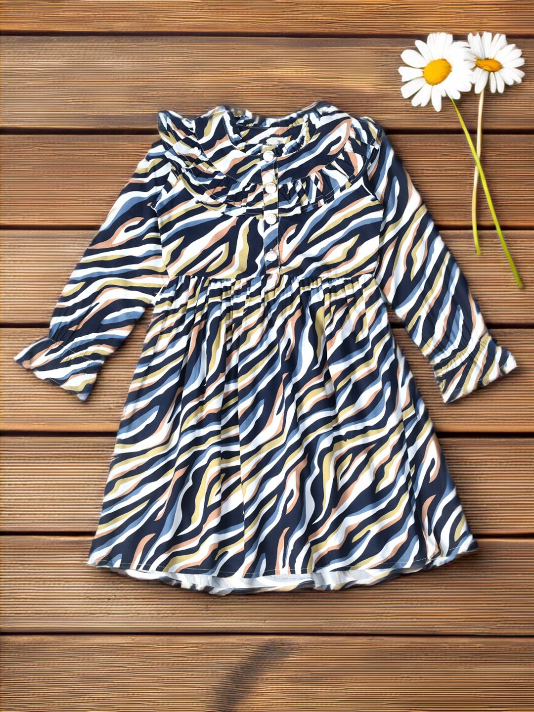 

BAESD Girls Animal Print Bell Sleeves Cotton Fit & Flare Dress, Navy blue