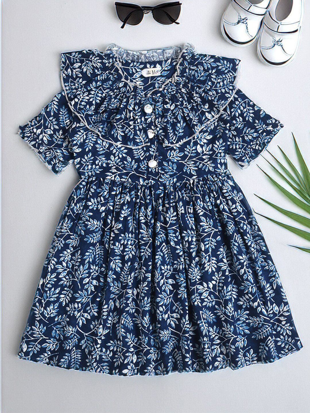 

BAESD Girls Floral Print Round Neck Short Sleeves Fit & Flare Dress, Navy blue