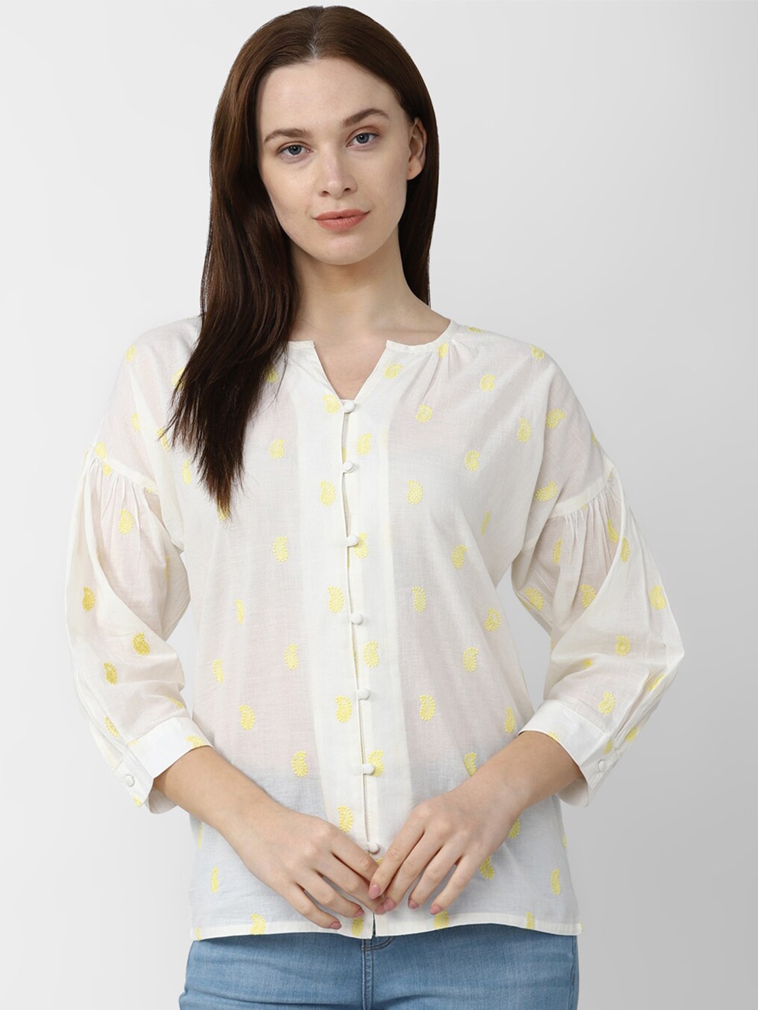 

Van Heusen Woman Paisley Embroidered Cuffed Sleeve Pure Cotton Tunic, Cream