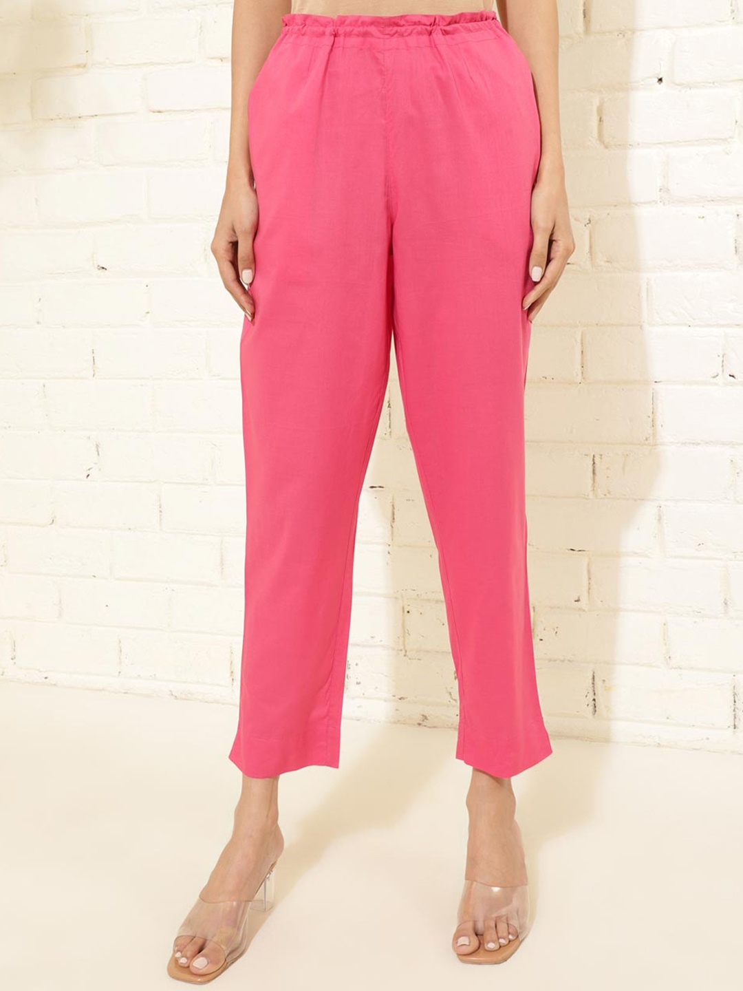 

Fabindia Women Mid-Rise Cotton Plain Regular Trousers Trousers, Pink