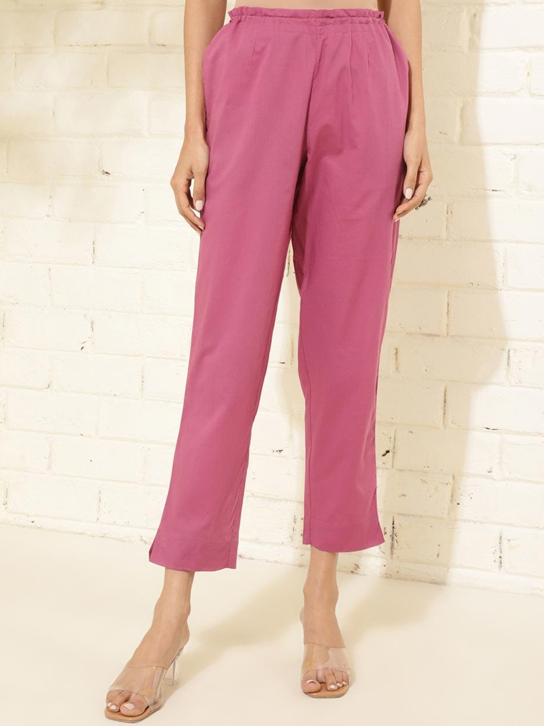

Fabindia Women Cotton Cropped Regular Trousers, Magenta