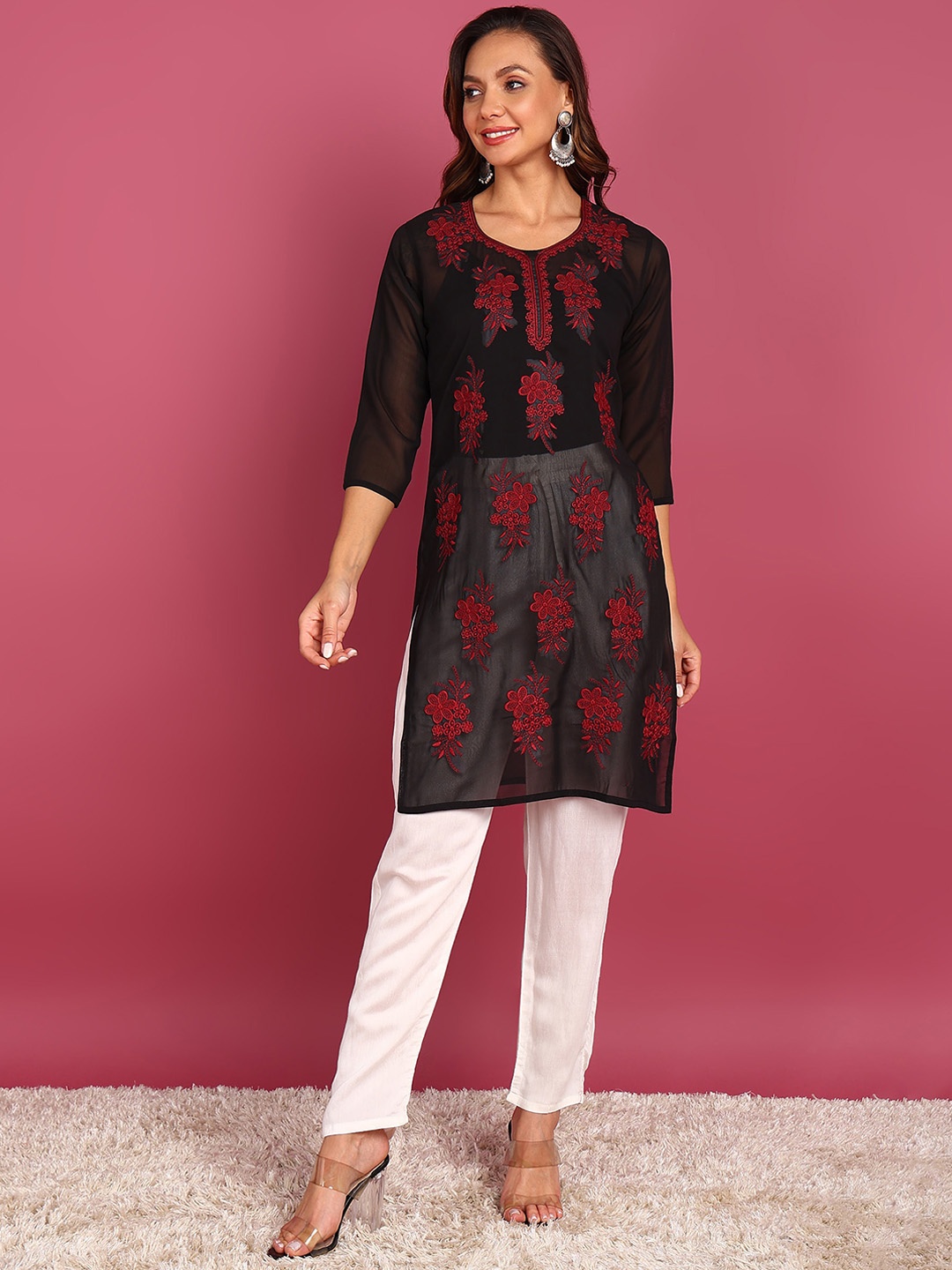 

TOP N THREAD Ethnic Motifs Embroidered Georgette Straight Kurta, Black