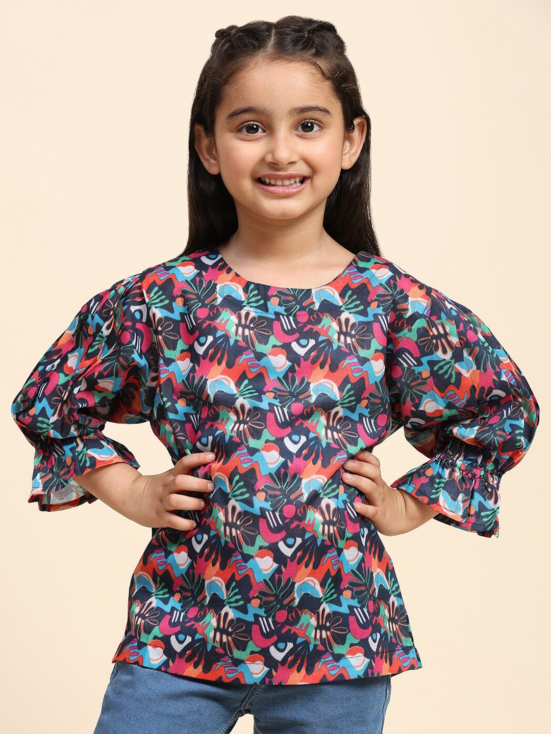 

Maaesa Girls Abstract Printed Puff Sleeves Cotton Top, Blue