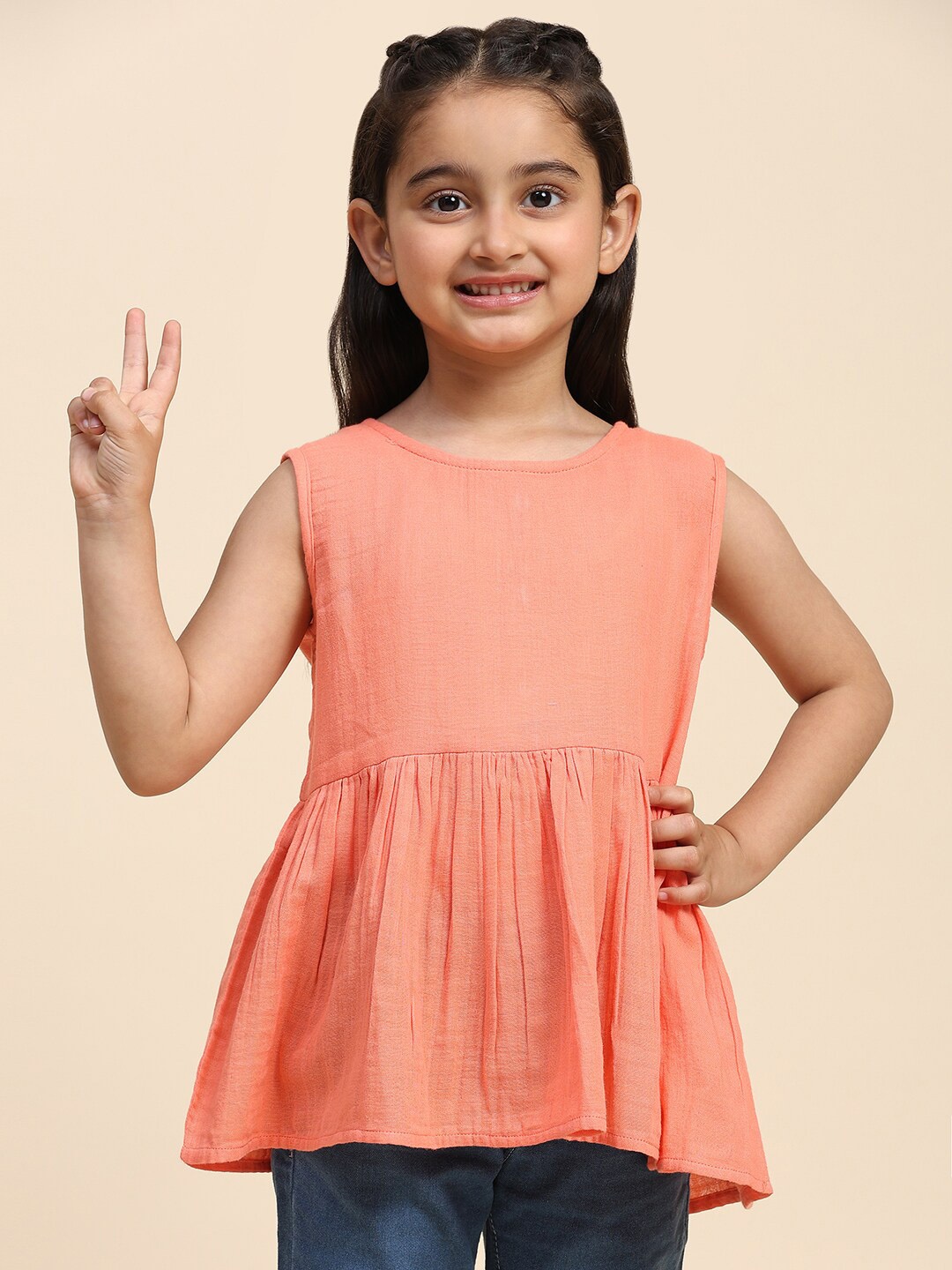 

Maaesa Girls Round Neck Gathered Cotton Peplum Top, Peach