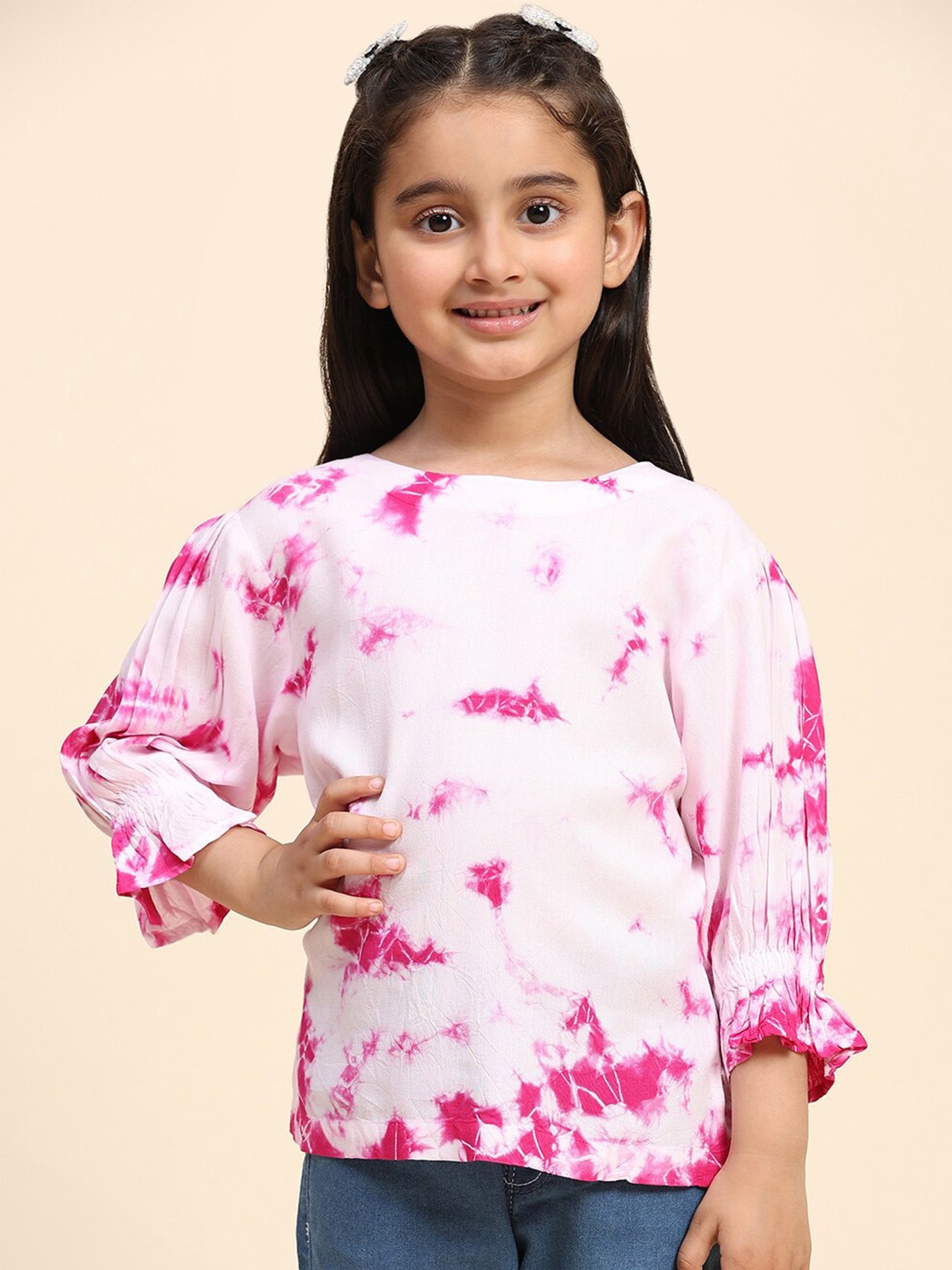 

Maaesa Girls Tie & Dye Printed Round Neck Puff Sleeves Top, Pink