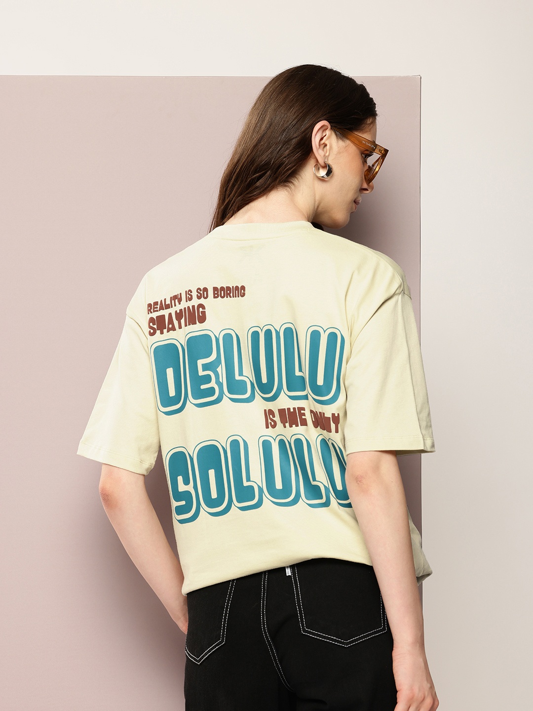 

Kook N Keech Women Typography Printed Pure Cotton Oversized T-shirt, Beige