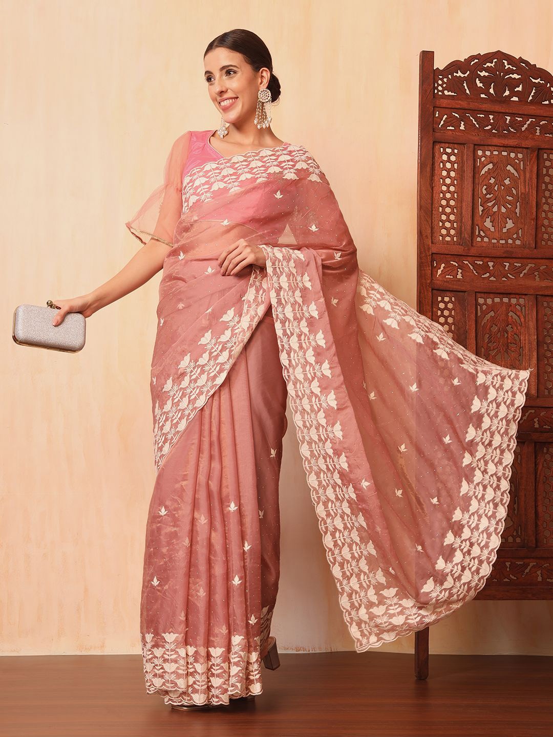 

Chhabra 555 Ethnic Motifs Embroidered Tissue Saree, Pink