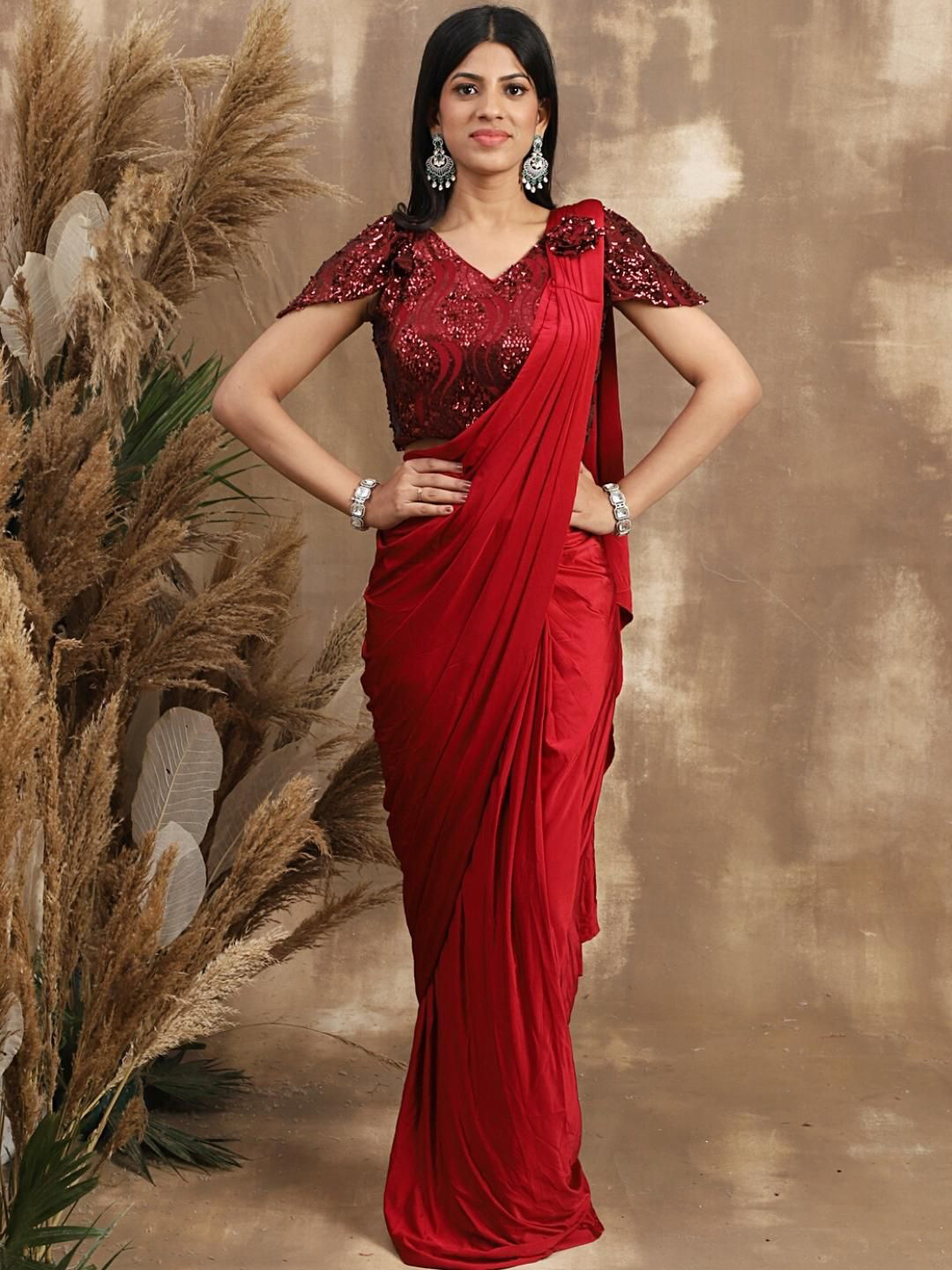 

Chhabra 555 Women Red Ready to Wear Pre-stitched Saree