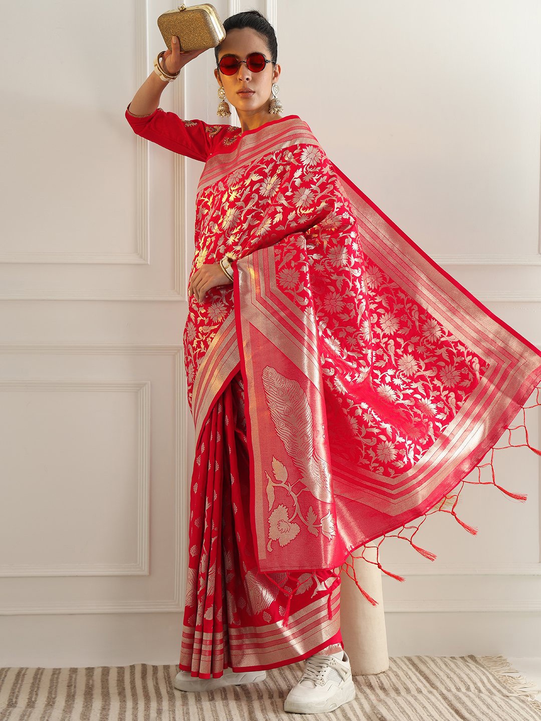 

Chhabra 555 Ethnic Motifs Zari Banarasi Saree, Coral