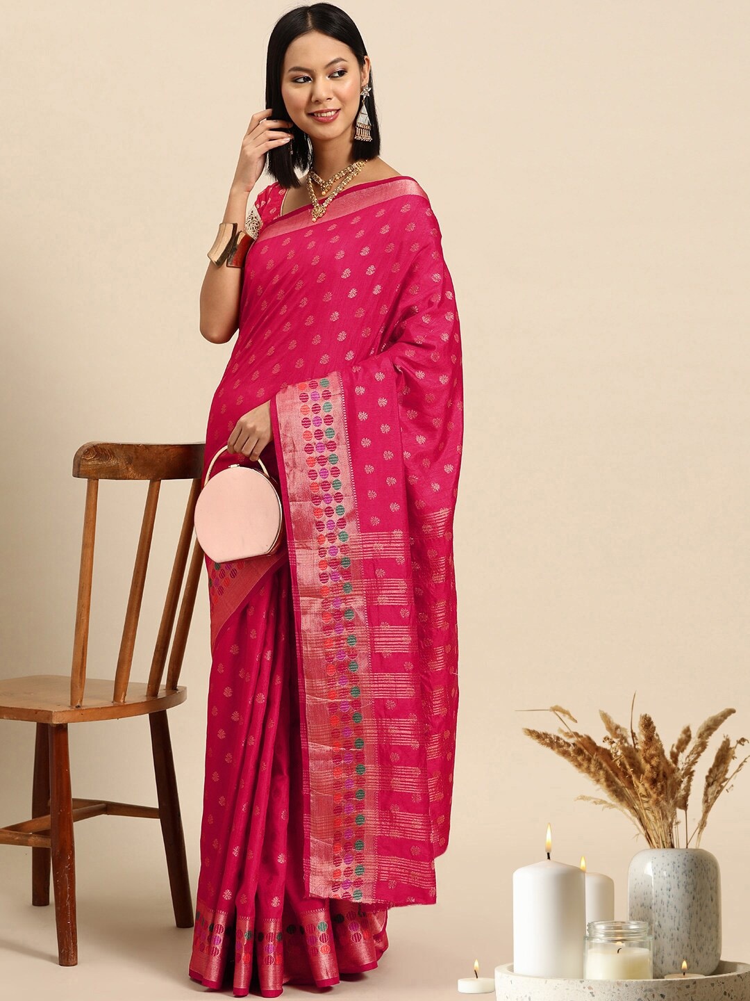 

Chhabra 555 Ethnic Motifs Zari Silk Blend Sarees, Pink
