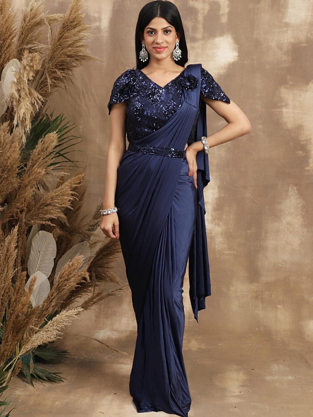 

Chhabra 555 Women Sequinned Ready to Wear Sarees, Blue