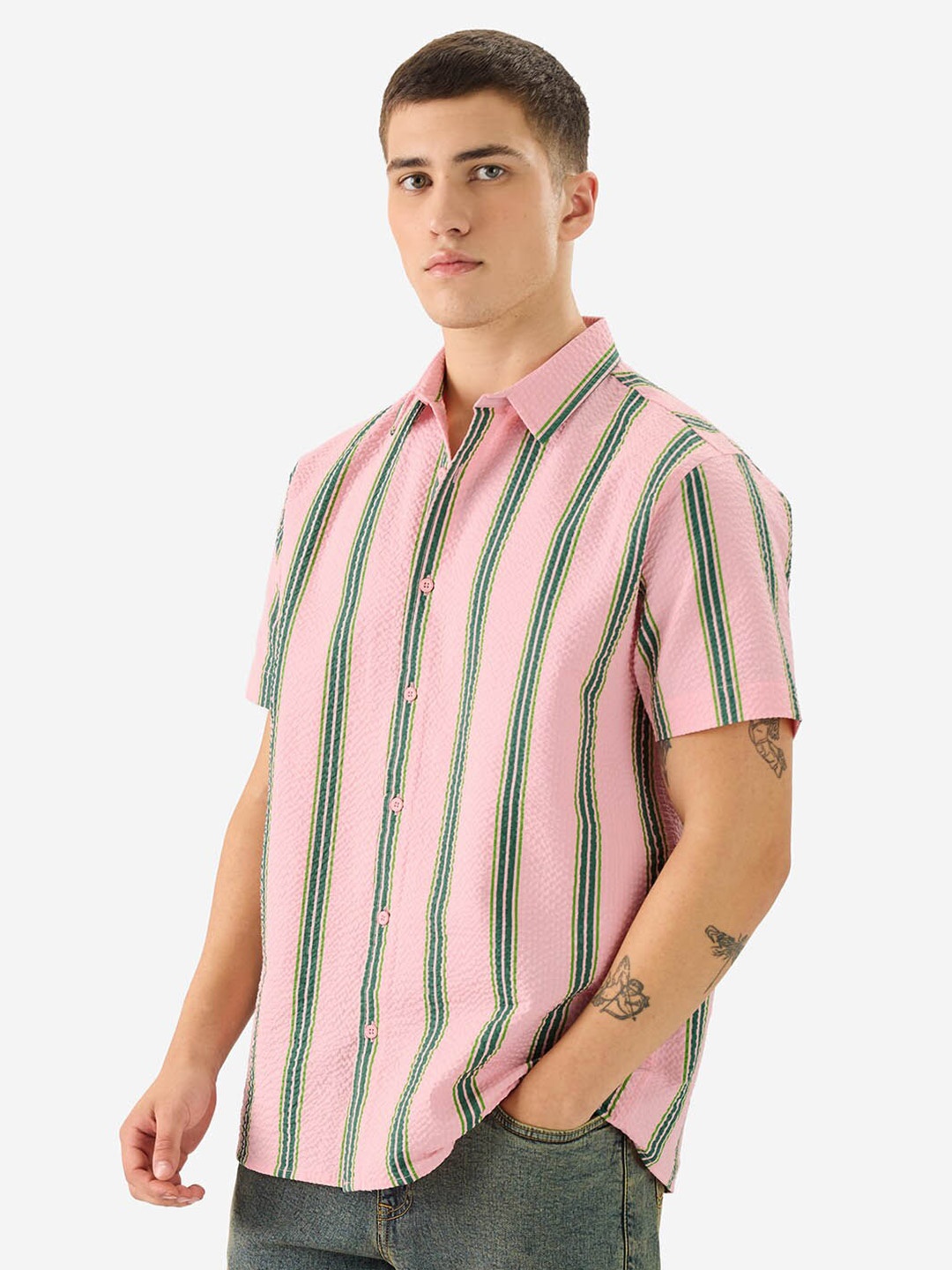 

The Souled Store Multi Stripes Short Sleeves Spread Collar Cotton Opaque Casual Shirt, Pink