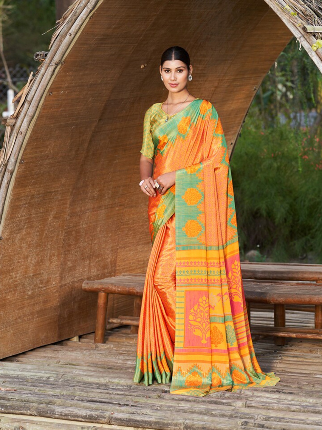 

Kandora Floral Poly Crepe Saree, Mustard