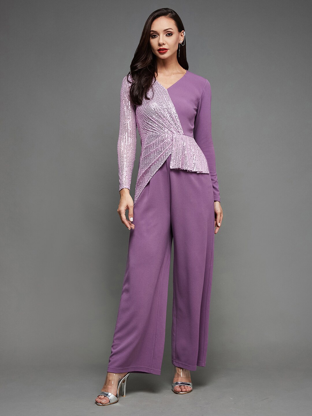 

Miss Chase Self Design Embellished V-Neck Basic Jumpsuit, Lavender